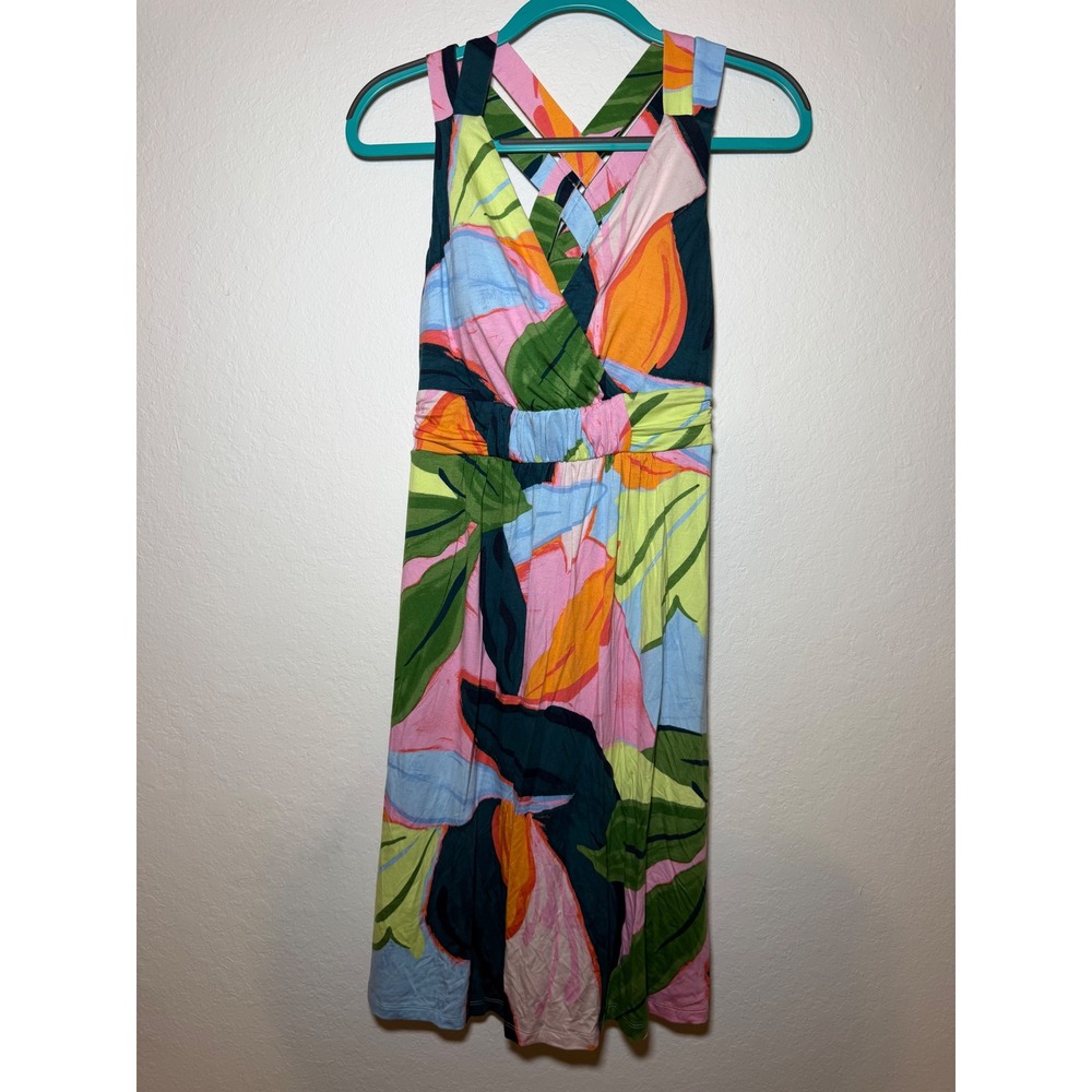 Soma Tropical Floral Knit Dress Small Multi-Color Crisscross Back Surplice VNeck